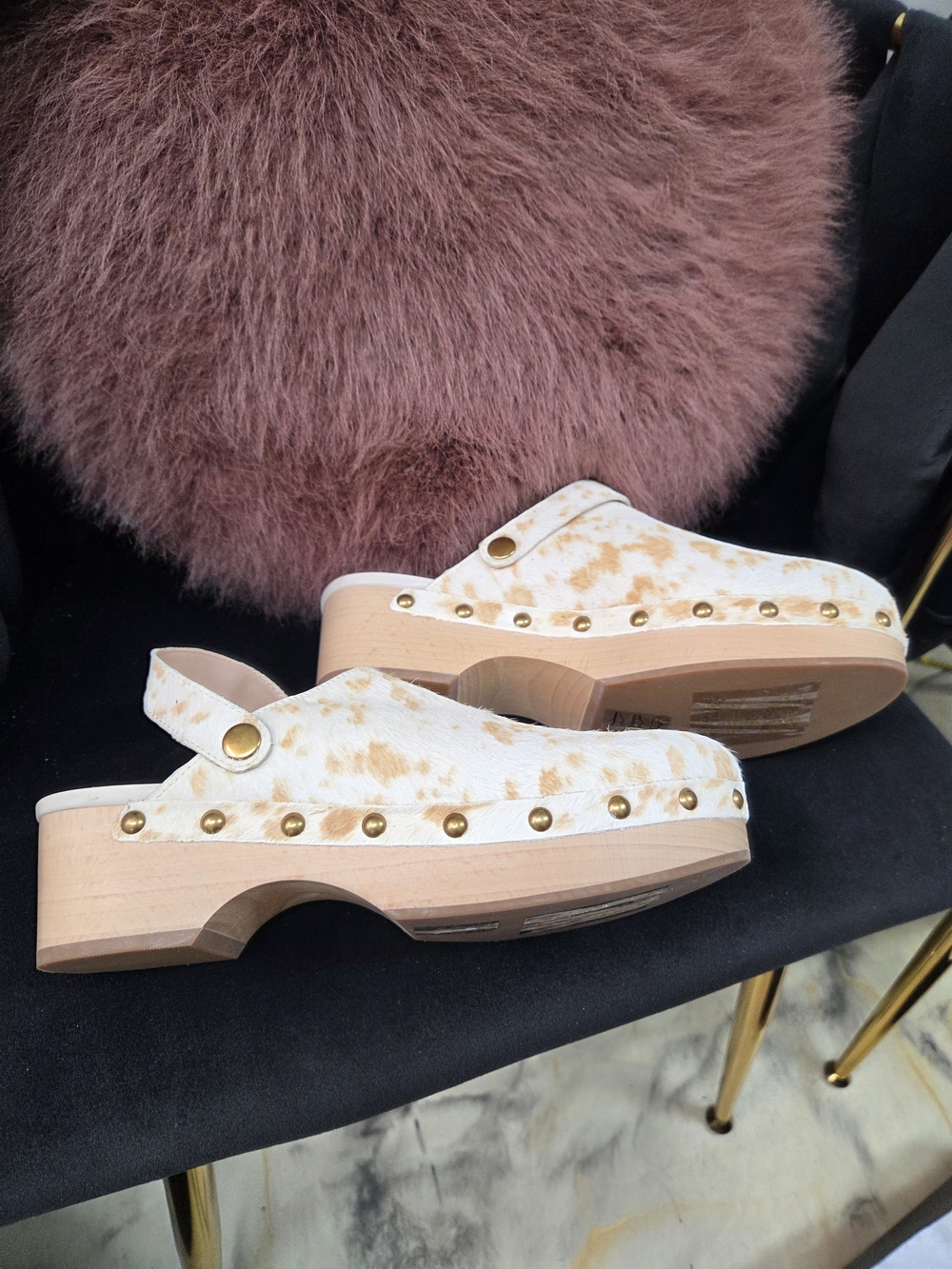 J. Crew Cream and Tan Cowhide Studded Wooden Clogs. - Picture 3 of 12